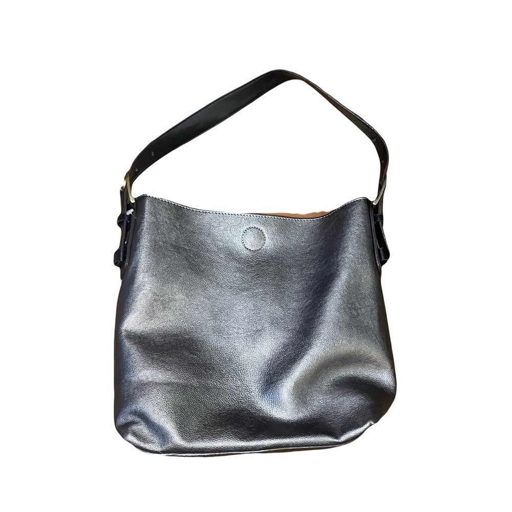 Elegant Dark Gray Black Leather Shoulder Bag antique gold hardware EUC